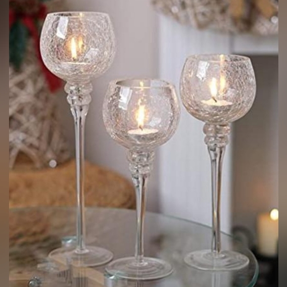 Other - Set of 3 Long Stemmed Votive Crackle Glass Candle Holders